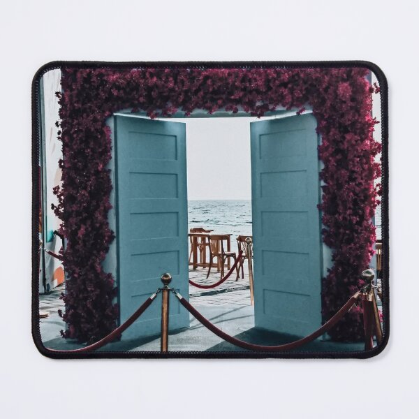 Item preview, beachside entrance featuring a set of light blue double doors framed designed and sold by StickerRaven.