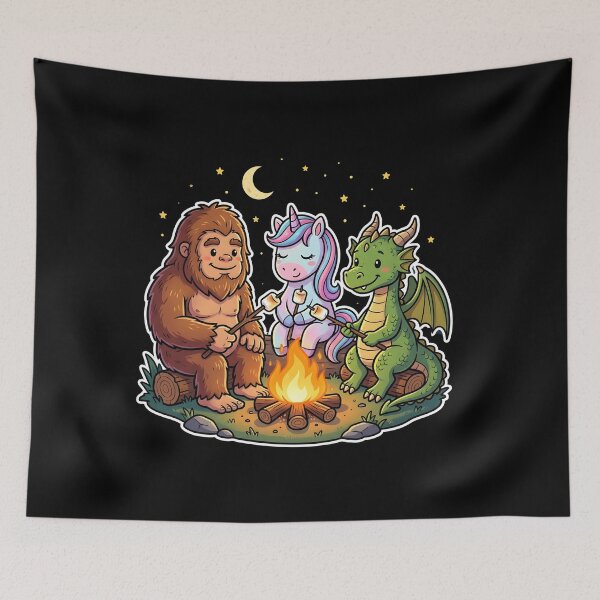 Item preview, Campfire Legends Bigfoot Unicorn Dragon Roasting Marshmallows : fantasy creatures camping magical night clipart designed and sold by NewaveBoutique.