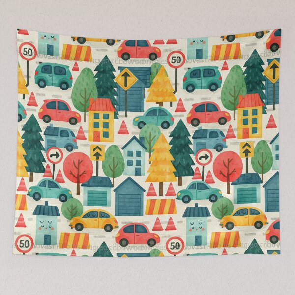 Item preview, Town Houses Cars and Pine Trees Kids Pattern designed and sold by Piotrek0001.