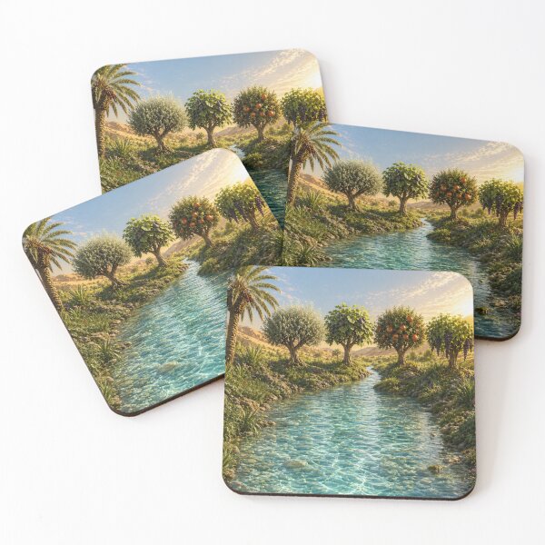 Item preview, Lush Oasis at Sunset / Crystal Clear River and Fruit Trees designed and sold by Louise2026.