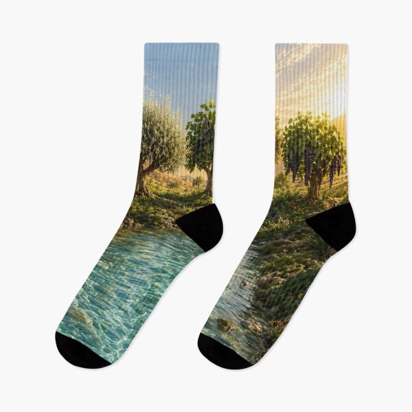 Item preview, Lush Oasis at Sunset / Crystal Clear River and Fruit Trees designed and sold by Louise2026.