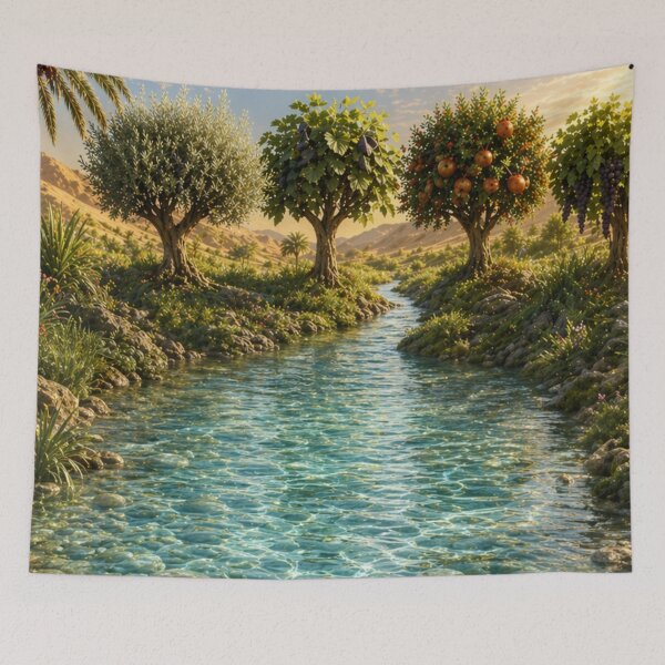 Item preview, Lush Oasis at Sunset / Crystal Clear River and Fruit Trees designed and sold by Louise2026.