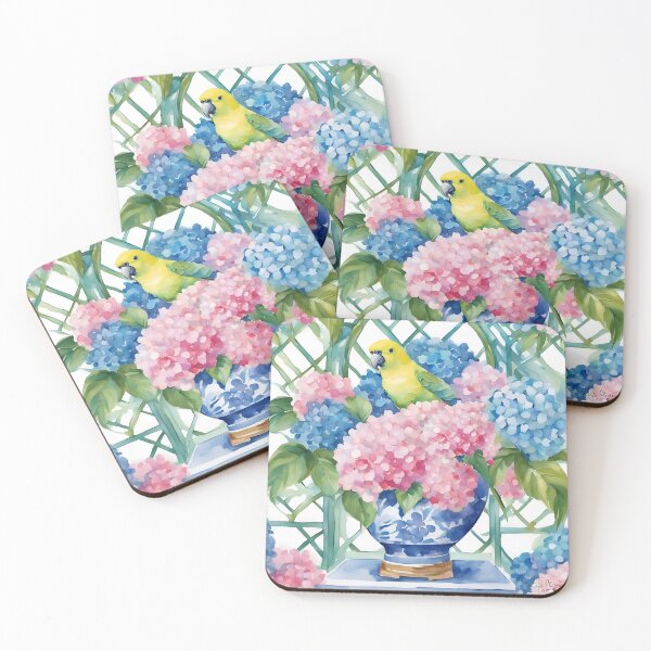 Item preview, Arte de Grandmillennial, Naturaleza muerta con hortensia en jarrón de jengibre, habitación con celosía y loro amarillo designed and sold by SophieClimaArt.