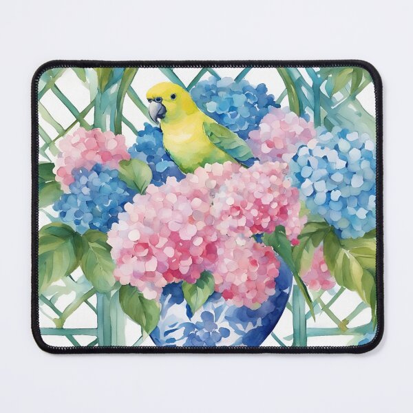 Item preview, Grandmillennial art, Still life with hydrangea in ginger jar, lattice room and yellow parot designed and sold by SophieClimaArt.