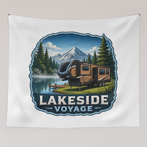 Item preview, Lakeside Voyage Fifth Wheel RV Art - Scenic Mountain Lake Camping Design designed and sold by SasquatchTrail.