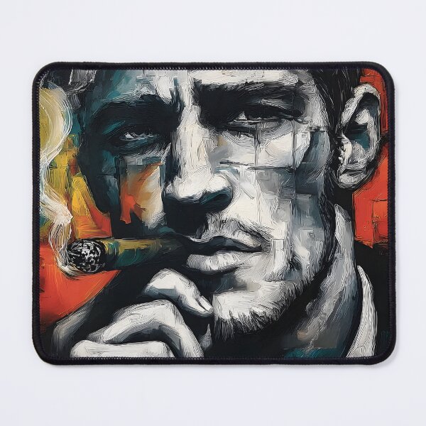 Item preview, Chromatic Contrast Authority - Grayscale Male Portrait Holding Cigar Against Vibrant Abstract Color designed and sold by OlfactoART Studio.