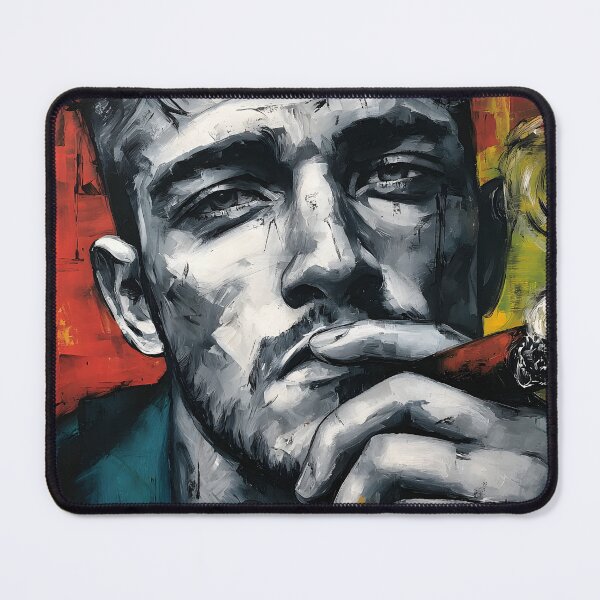 Item preview, Monochrome Cigar Portrait - Man with Lit Cigar and Bold Red Yellow Abstract Contrast Background Art designed and sold by OlfactoART Studio.