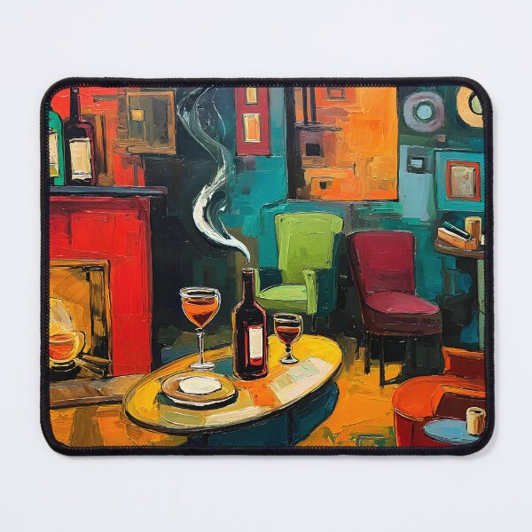 Item preview, Artful Wine Lounge Interior - Cozy Fireplace, Wine Glasses and Vibrant Seating designed and sold by OlfactoART Studio.