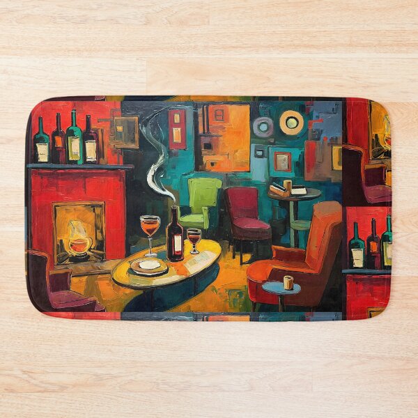 Item preview, Artful Wine Lounge Interior - Cozy Fireplace, Wine Glasses and Vibrant Seating designed and sold by OlfactoART Studio.