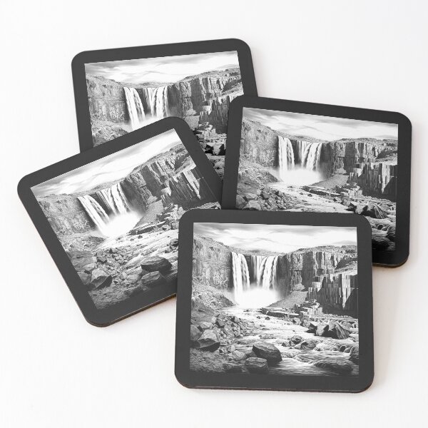 Item preview, Black and White Waterfall Canyon Landscape Art designed and sold by inkoutninja.