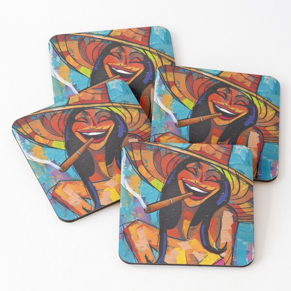 Item preview, Laughing Woman in Sun Hat Smoking Cigar Colorful Abstract Portrait Full of Joy and Bold Expression designed and sold by OlfactoART Studio.