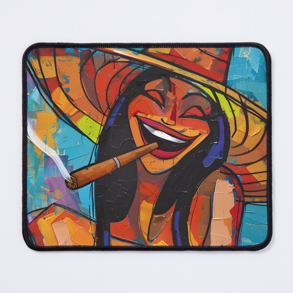 Item preview, Laughing Woman in Sun Hat Smoking Cigar Colorful Abstract Portrait Full of Joy and Bold Expression designed and sold by OlfactoART Studio.