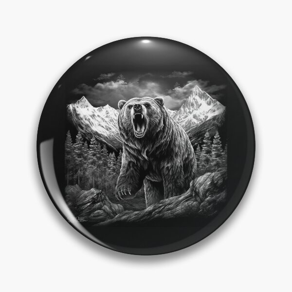 Item preview, Roaring Grizzly Bear Black and White Mountain Wildlife Art designed and sold by inkoutninja.