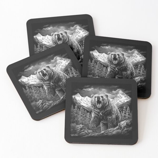 Item preview, Roaring Grizzly Bear Black and White Mountain Wildlife Art designed and sold by inkoutninja.