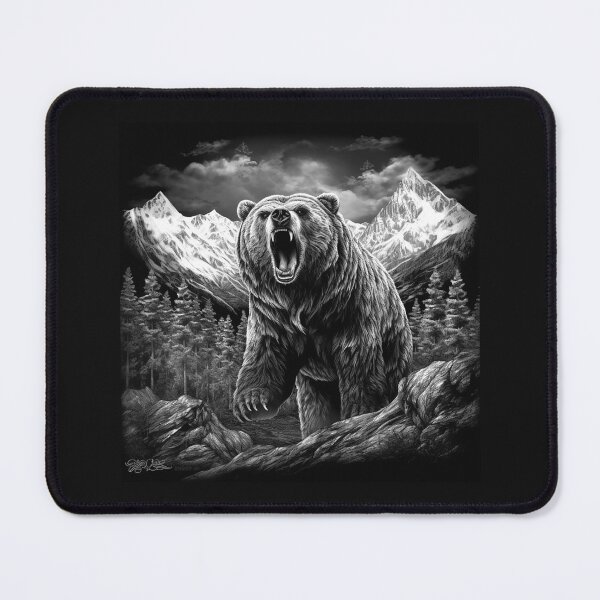 Item preview, Roaring Grizzly Bear Black and White Mountain Wildlife Art designed and sold by inkoutninja.