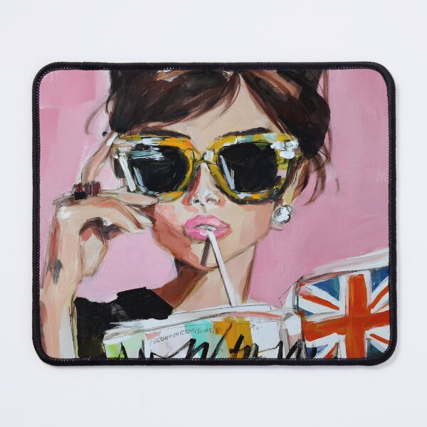 Item preview, Stylish Summer Moments - Woman in Sunglasses Sipping a Drink with Union Jack Book designed and sold by OlfactoART Studio.