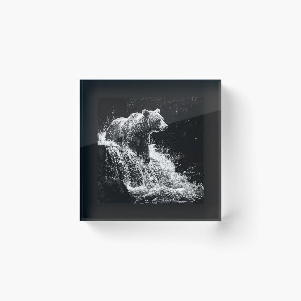 Item preview, Black and White Bear Fishing Waterfall Wildlife Art designed and sold by inkoutninja.