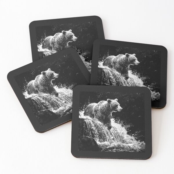 Item preview, Black and White Bear Fishing Waterfall Wildlife Art designed and sold by inkoutninja.