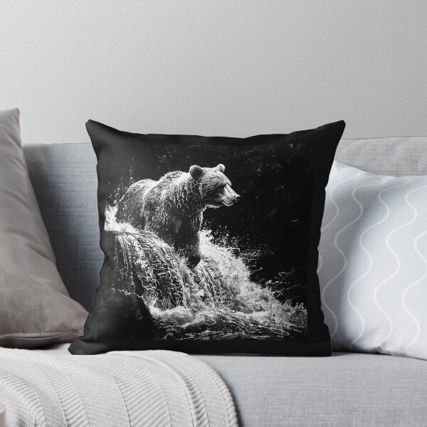 Item preview, Black and White Bear Fishing Waterfall Wildlife Art designed and sold by inkoutninja.