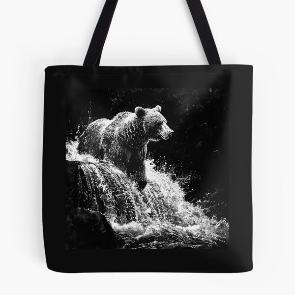 Item preview, Black and White Bear Fishing Waterfall Wildlife Art designed and sold by inkoutninja.