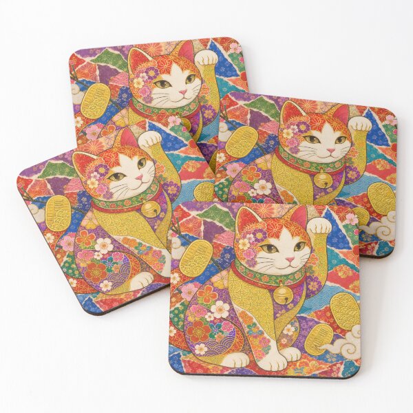 Item preview, Maneki-neko Lucky Cat on Torn Chiyogami Collage - Japanese Paper Art designed and sold by WabiSabiArts.
