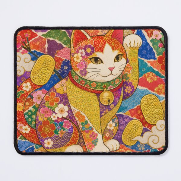 Item preview, Maneki-neko Lucky Cat on Torn Chiyogami Collage - Japanese Paper Art designed and sold by WabiSabiArts.