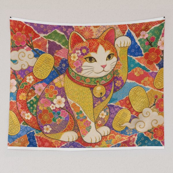 Item preview, Maneki-neko Lucky Cat on Torn Chiyogami Collage - Japanese Paper Art designed and sold by WabiSabiArts.