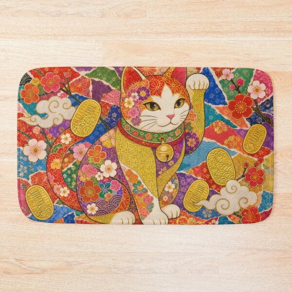 Item preview, Maneki-neko Lucky Cat on Torn Chiyogami Collage - Japanese Paper Art designed and sold by WabiSabiArts.
