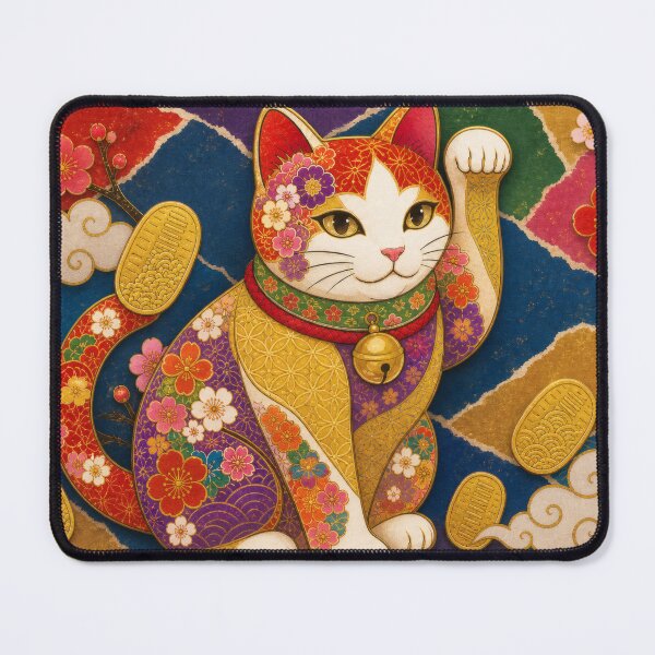 Item preview, Maneki-neko Lucky Cat on Chiyogami Collage - Japanese Paper Art designed and sold by WabiSabiArts.
