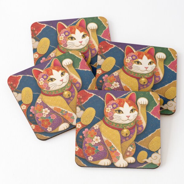 Item preview, Maneki-neko Lucky Cat on Chiyogami Collage - Japanese Paper Art designed and sold by WabiSabiArts.