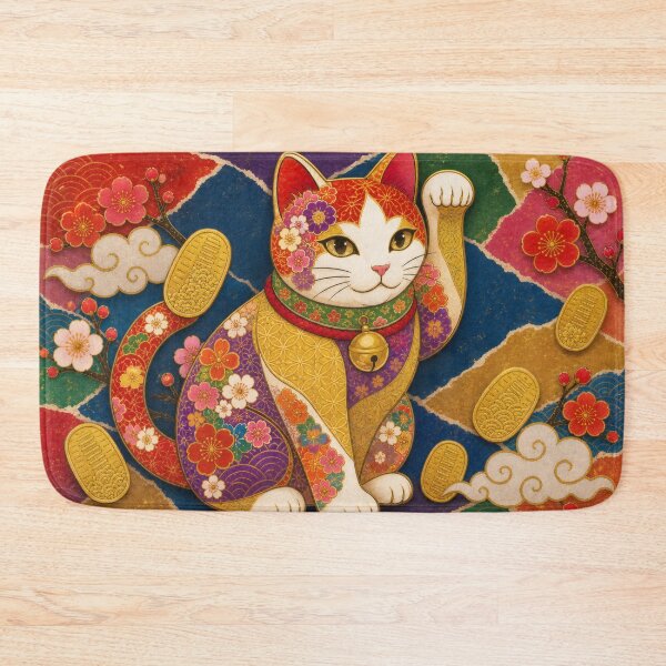 Item preview, Maneki-neko Lucky Cat on Chiyogami Collage - Japanese Paper Art designed and sold by WabiSabiArts.