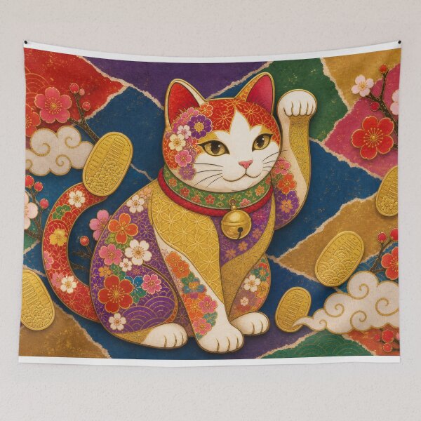 Item preview, Maneki-neko Lucky Cat on Chiyogami Collage - Japanese Paper Art designed and sold by WabiSabiArts.
