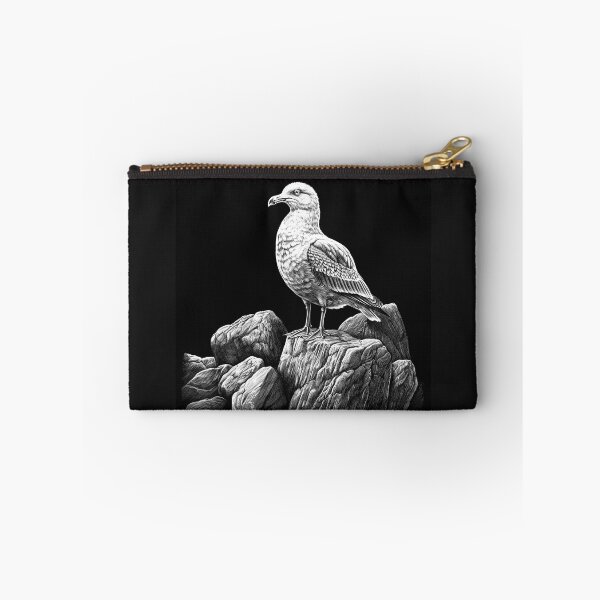 Item preview, Black and White Seagull on Rocks Coastal Bird Art designed and sold by inkoutninja.