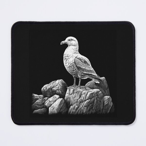 Item preview, Black and White Seagull on Rocks Coastal Bird Art designed and sold by inkoutninja.
