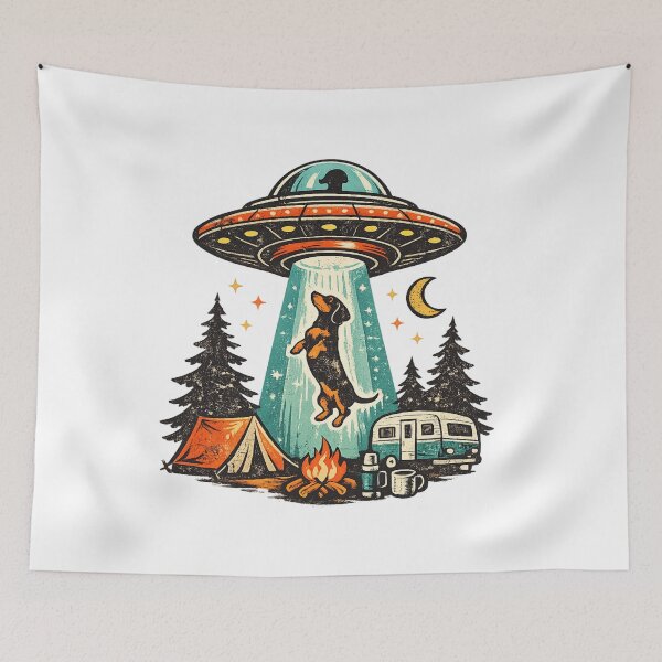 Item preview, Vintage Dachshund Camping UFO Abduction designed and sold by Art by Debasish.