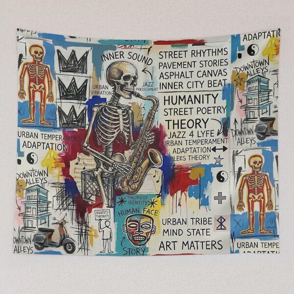 Item preview, To Cool Hip Modern Street Art - Graffiti Style Mixed media Skeleton Playing the Saxophone designed and sold by CattlettArt.