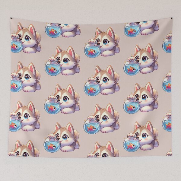 Item preview, Cute Husky Watching Goldfish Kawaii Puppy Cartoon designed and sold by carestazafeli.
