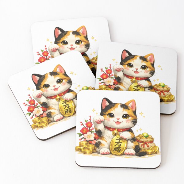Item preview, Cute Maneki-neko Lucky Cat with Gold Coins - Kawaii Japanese Calico designed and sold by WabiSabiArts.