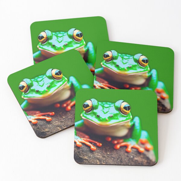 Item preview, Green frog sits on branch of tropical tree. Dumpy frog, green tree frog, papua green tree frog designed and sold by ArtEventET.