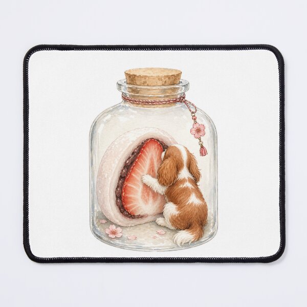 Item preview, Cavalier King Charles Spaniel with Strawberry Daifuku in Glass Bottle | Cute Blenheim Dog Illustration for Stickers & Gifts designed and sold by SakuraWaStyle.