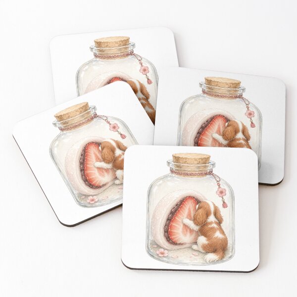 Item preview, Cavalier King Charles Spaniel with Strawberry Daifuku in Glass Bottle | Cute Blenheim Dog Illustration for Stickers & Gifts designed and sold by SakuraWaStyle.