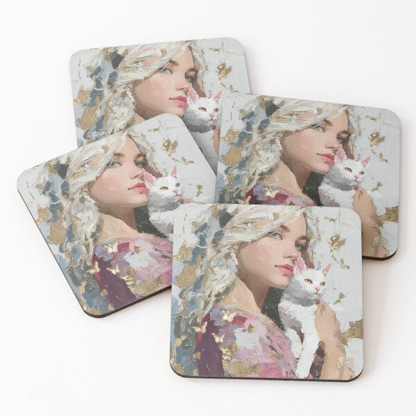 Item preview, Silver Haired Girl with White Cat and Gold Foil designed and sold by colorful-white.