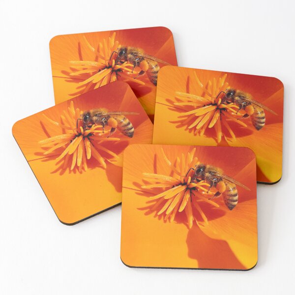 Item preview, Vibrant Golden Pollinator: Honeybee on Orange Poppy designed and sold by sky earth human.