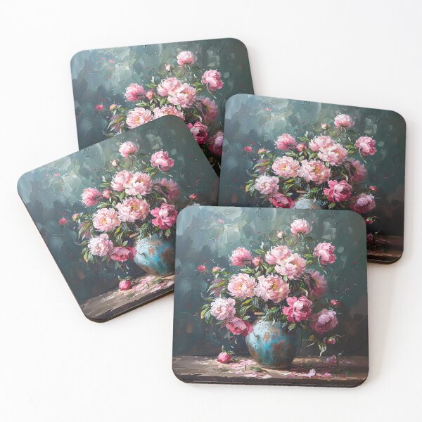 Item preview, Vintage Oil Painting Pink Peonies in Blue Vase designed and sold by colorful-white.
