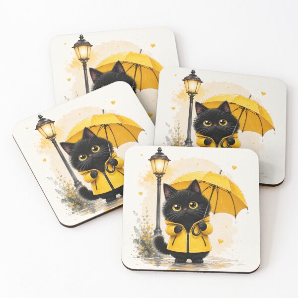 Item preview, Cute Black Cat in Yellow Raincoat Under Umbrella designed and sold by ArtoryNest.