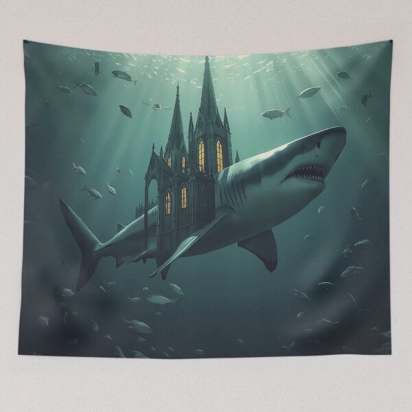 Item preview, Gothic Shark Cathedral - Surreal Underwater Shark with Ancient Church designed and sold by UnRealS.