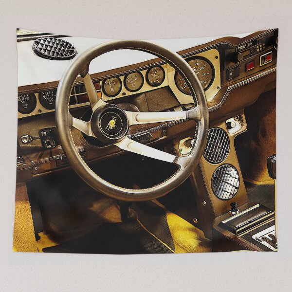 Item preview, Vintage Italian Sports Car Dashboard & Steering Wheel - 1976 Lamborghini Urraco P300 designed and sold by Peter Kraaibeek | Generative Designs and Car Art.