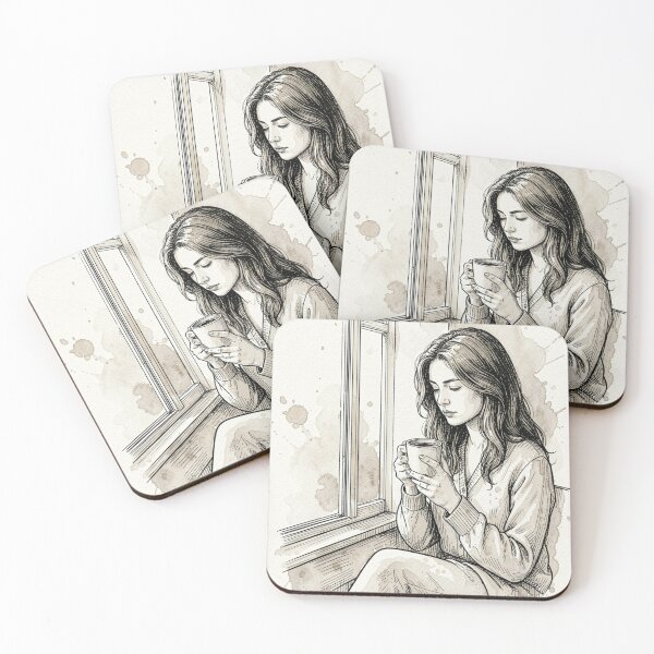 Item preview, Quiet Morning Reflection - Sketchy Woman with Coffee by the Window designed and sold by myforestfog.