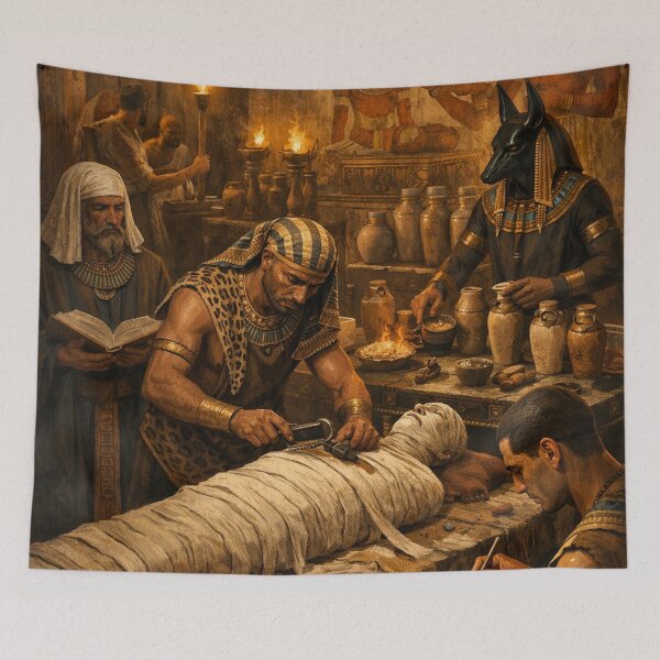 Item preview, Ancient Egyptian Mummification Ritual | Anubis Embalming Chamber Dark Egypt Art designed and sold by Queen Cleopatra.