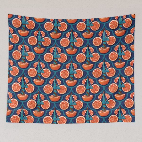 Item preview, Woman juicing blood oranges, dark blue background designed and sold by WONDERPRINTVALLEY.